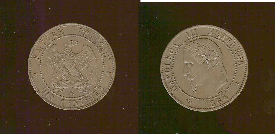 Dix centimes Napoléon III, tête laurée 1864 Strasbourg SPL-